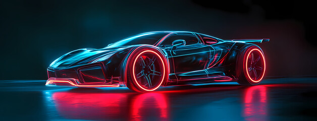 Neon Speed: A futuristic supercar, illuminated by vibrant neon lights, poised on a sleek reflective surface against a dark background, creating an atmosphere of speed and innovation.