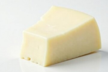 Close-up of a chunk of white cheese on white backdrop , food photography, cheese, minimal