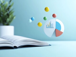 Floating 3D pie chart above financial book with flying data points and percentages