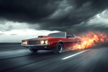 Naklejka premium Red Classic Car on the road: The image portrays a vibrant, high-speed vehicle, roaring across a road surface with flames trailing behind, capturing the thrill of speed and power.