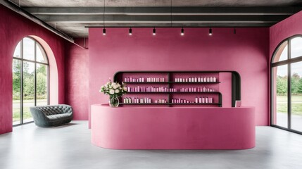 The interior of this salon is cozy and pink, featuring a reception desk and a shelf stocked with various beauty products, all generated by stock
