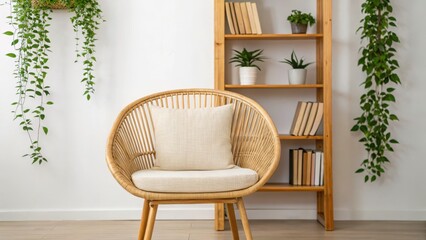 Cozy rattan chair in a modern plant-filled interior setting., Sustainable Furniture concept