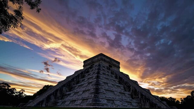 Low-angle shot of an ancient pyramid at sunset, capturing dramatic clouds and vibrant colors, ideal for a historical or travel video backdrop. Live desktop wallpaper.