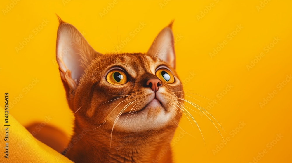 Poster cat with bright yellow background gazes thoughtfully while relaxing in a cozy environment during war