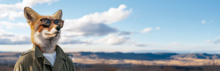 Fox with Sunglasses on Blue Sky with Clouds and Desert Landscape: Anthropomorphic Fox wearing Sunglasses and Green Trench Coat on Panoramic Sky Background – Conceptual Banner with Copy Space