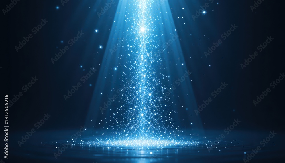Poster radiant light beam illuminating sparkling particles in a dark environment abstract visual compositio