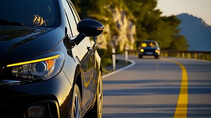 Black car on a winding road with mountain views, another vehicle in the distance