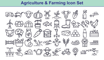 Agriculture and Farming Icon Set, Livestock, Crop, Equipment Outlines on White