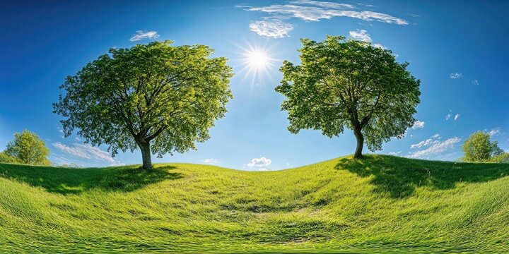 Two trees stand tall on a grassy hill under a bright blue sky with the sun shining