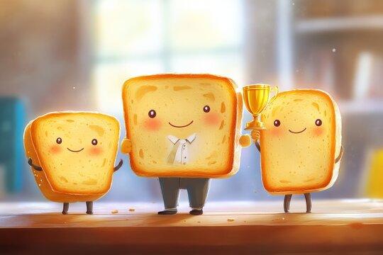 A cute cartoon illustration of a breadwinner in a family, depicted by a family made out of bread, a person who earns money to support a family 
