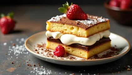 Espresso-soaked ladyfingers layered with creamy mascarpone, dusted with cocoa , dessert photography, italian dessert