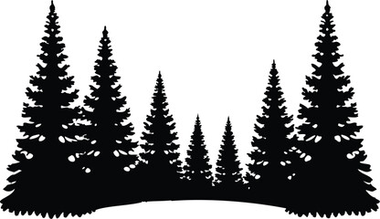 Fototapeta premium Symmetrical forest silhouette of pine trees with curved ground base, black vector artwork on white background, perfect for natural landscape, outdoor design, and rustic woodland graphics