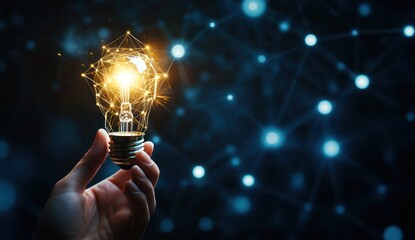 Hand holding lightbulb with network connections on a dark blue background.