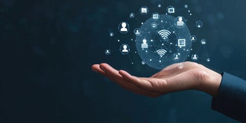 Hand holding a sphere of interconnected network icons on a dark background.