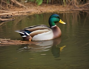 Obraz premium Mallard in the pond, Mallard males have green head and females with brown feathers. beautiful wild duck stands on a wooden surface.