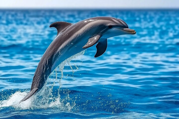 Fototapeta premium Baby dolphin leaps gracefully out of clear blue ocean water during a sunny day