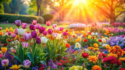 Obraz premium A serene flower bed filled with vibrant blooms in shades of pink orange yellow green purple and blue as morning sunlight gently illuminates the scene, floral arrangement, nature