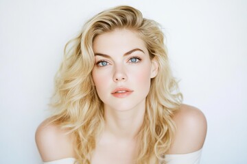 Naklejka premium The portrait presents a close-up of a beautiful young woman's face, accentuating her natural beauty and sensual charm as a female model