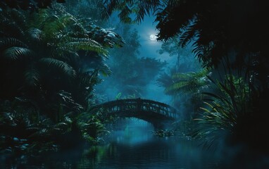 Mystical Moonlight: Bridge Over Tranquil Waters in a Lush Tropical Garden