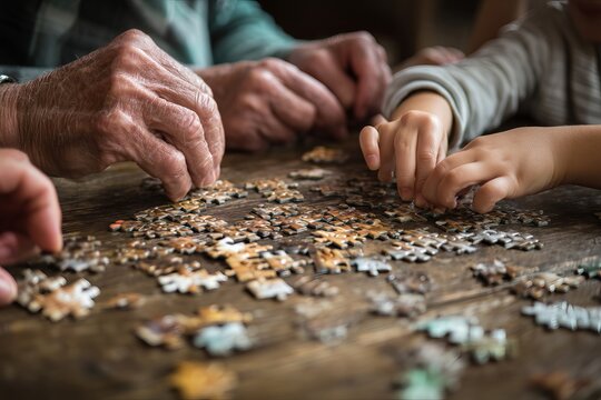 Close-up of hands assembling a jigsaw puzzle, symbolizing family bonding and shared activity.