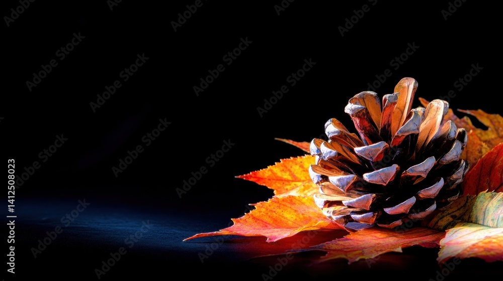 Poster a single pine cone is artistically placed on colorful autumn leaves, creating a striking contrast wi