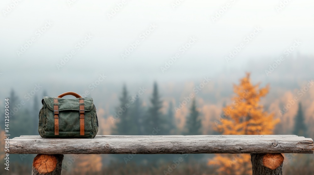 Poster Hunter's backpack resting on rustic log table in misty hunting ground