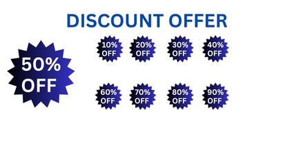 set of sale labels,set of sale icons on blue gradient colour isolated on white background 10%off,20%off,30%off,40%off,50%off,69%off
