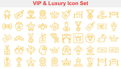 Golden VIP Line Icons Set Isolated on White Crowns, Diamond, Stars, Rewards