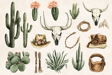 Watercolor desert plants, skull, hat, and western elements.