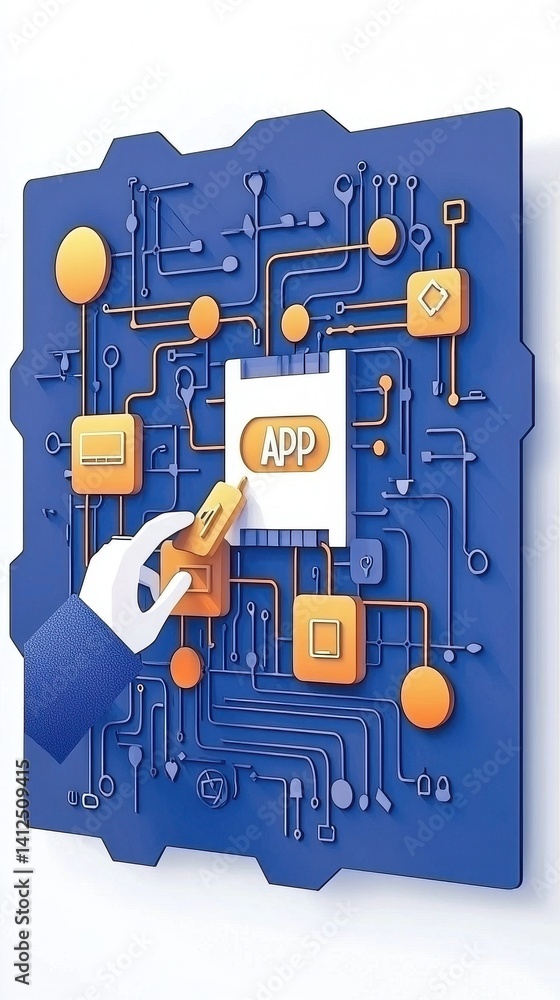 Poster a dynamic depiction of a hand interacting with a digital circuit board, symbolizing app development 