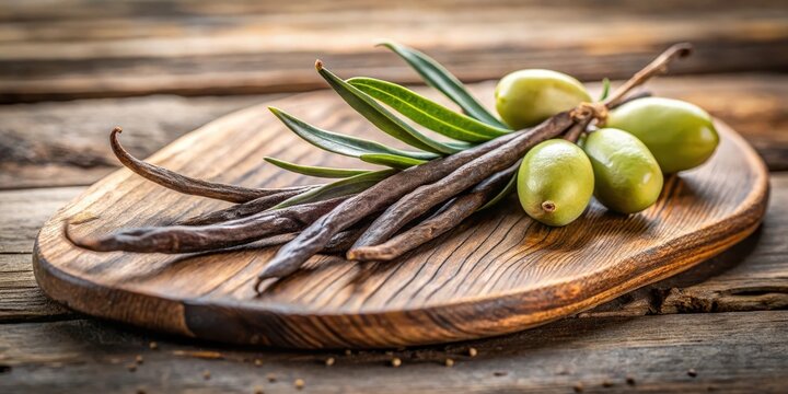 Aromatic vanilla pod on a rustic olive board with a few green olives and a sprig of rosemary , culinary, fruit,  culinary, fruit