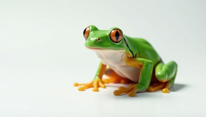 Fototapeta premium Green tree frog perched on white, vibrant skin, wildlife, closeup, white background