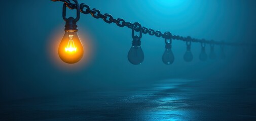 A chain of light bulbs with one bulb lit up