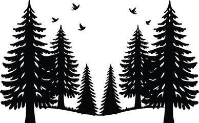 Obraz premium Silhouette of pine trees and flying birds, black forest vector illustration on white background, minimalist nature artwork for outdoor, camping, wilderness, or wildlife-themed design