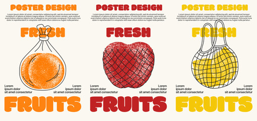 Retro fruit poster set with bold typography, showcasing fresh orange, apple, and lemon in vintage pop art style.