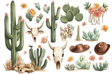 Watercolor desert cacti, skulls, hats, flowers.