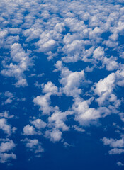 Dreamy cloudscape above. Sky with white clouds. Sky background design. Full clouds. Puffy cumulus clouds drifting. Light and shadow in clouds. Open cloudy sky with fresh air. Serene sky over horizon.