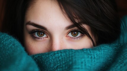 A woman peeks through the edge of her teal blanket and looks straight into the camera. Her dark brown eyebrows and beautiful large eyes take center stage, and a hopeful gaze is on her.