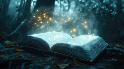 Fototapeta premium Magical book with glowing sparks in enchanted forest at night