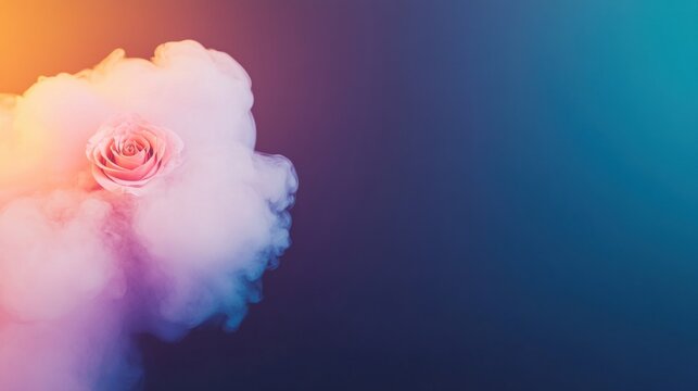 A pink rose appears from colorful smoke, creating a contrast against a gradient background, showcasing art and nature??Ts beauty