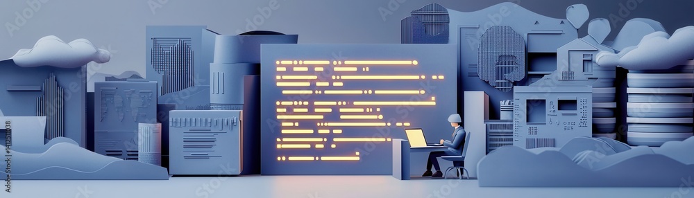 Poster a creative depiction of a cityscape with a person coding, featuring various buildings and clouds in 