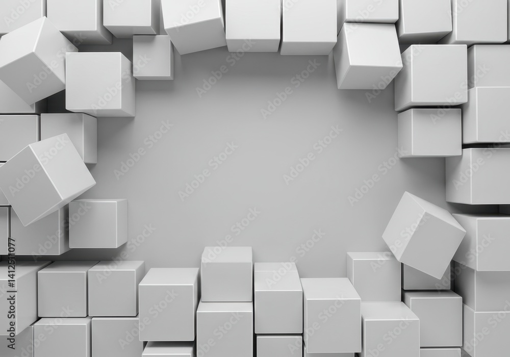 Poster abstract 3d render of gray cubes forming a frame, minimalist geometric background design, modern art