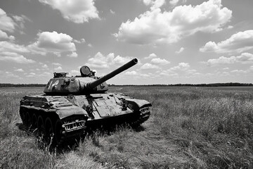 Fototapeta premium Broken tanks from World War II abandoned in a field under dramatic skies