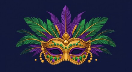 Geometric Mardi Gras Mask Illustration with Feathers, Jewels, and Angular Pattern