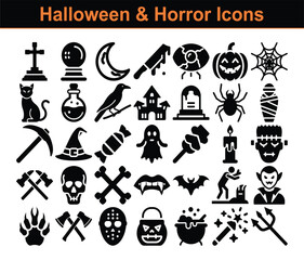 Halloween Elements Icon Set in Black Silhouette, Horror Symbol Collection Vectors