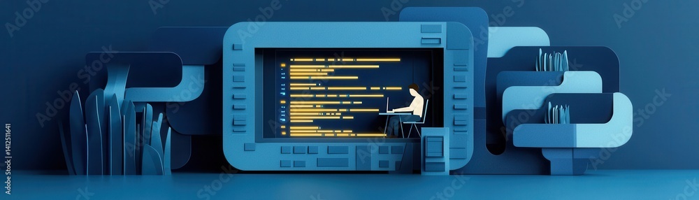 Poster a digital illustration showcasing a programmer working on a computer, surrounded by stylized element
