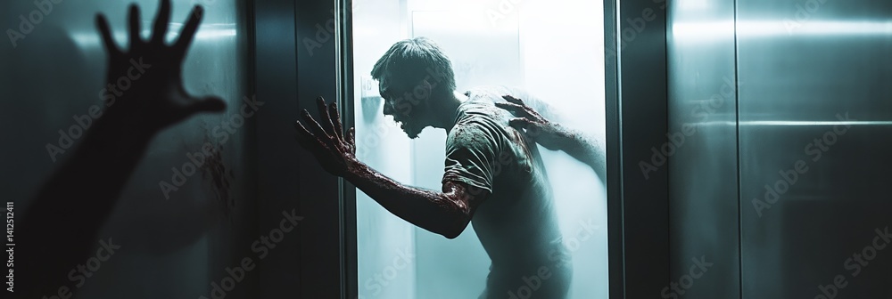 Poster survivor is trapped in an elevator during a zombie apocalypse, desperately trying to escape as an in