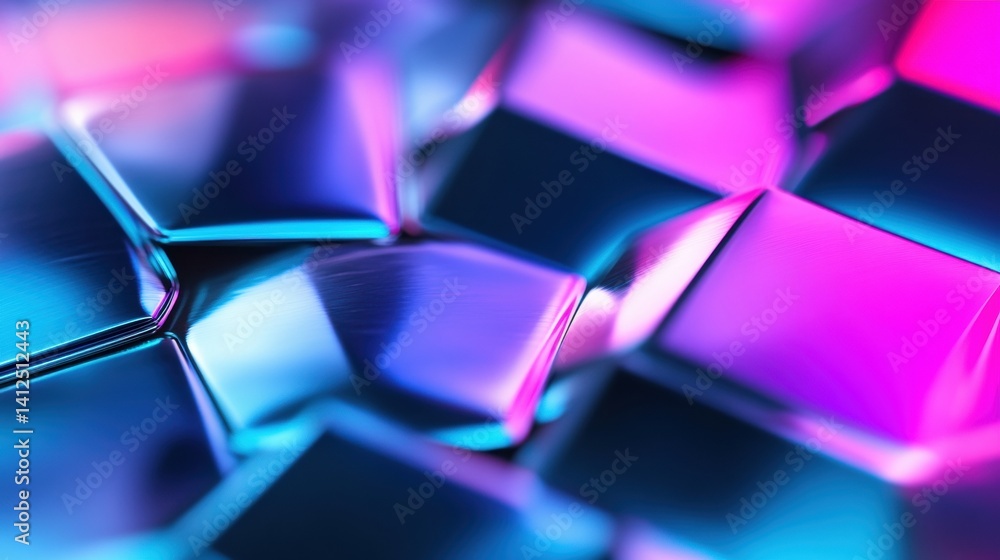 Poster close-up view of a shiny, geometric surface featuring a mix of blue and purple hues reflecting light