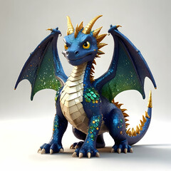 Muscular blue dragon spreading massive wings, revealing intricate scales and piercing gaze against stark white backdrop, radiating mythical power and fierce independence