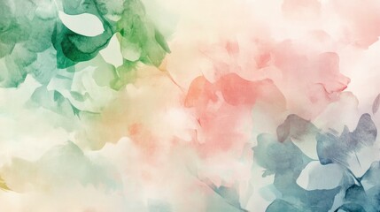 abstract watercolor spring background with pastel shades of pink, green, and blue, soft floral shapes blending together, light brushstroke textures, dreamy and artistic composition.